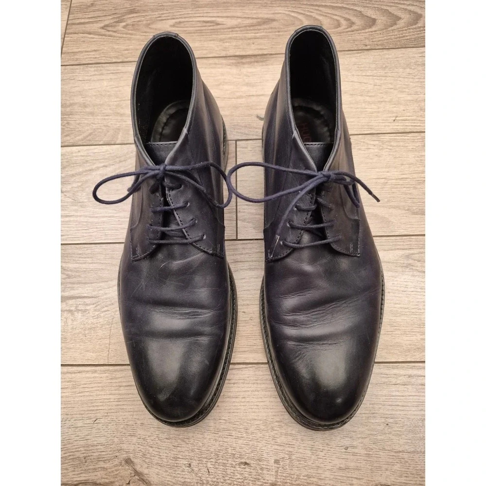 Hugo Boss Mens Dark Navy Blue Leather Chukka Boots Ankle Dress Shoes Sz 8.5
